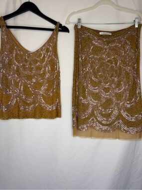 Vivienne Tam Vintage 90s Rare Hand Beaded Gold Sequin Women's Top & Skirt Set